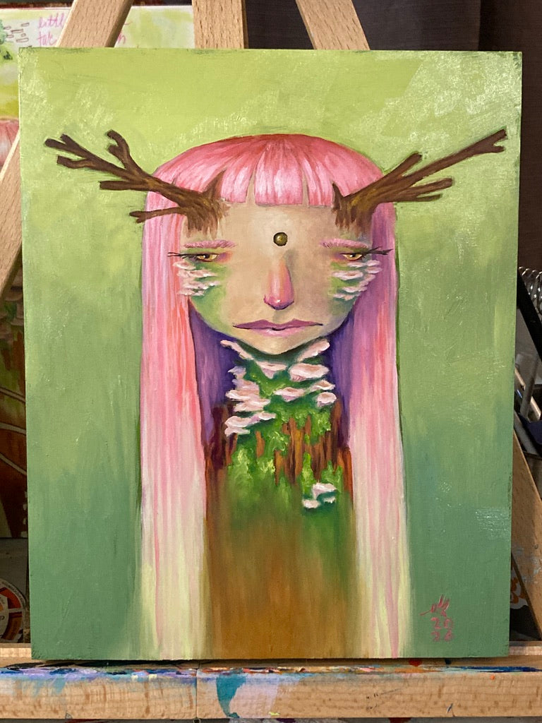 Freylyn the Oyster Mushroom Priestess - 8x10- Original painting - Acrylic and oil on cradled gesso board