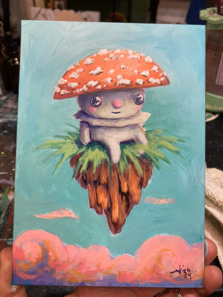 Happy Place - 5x7 acrylic painting on hardboard - Amanita mushroom