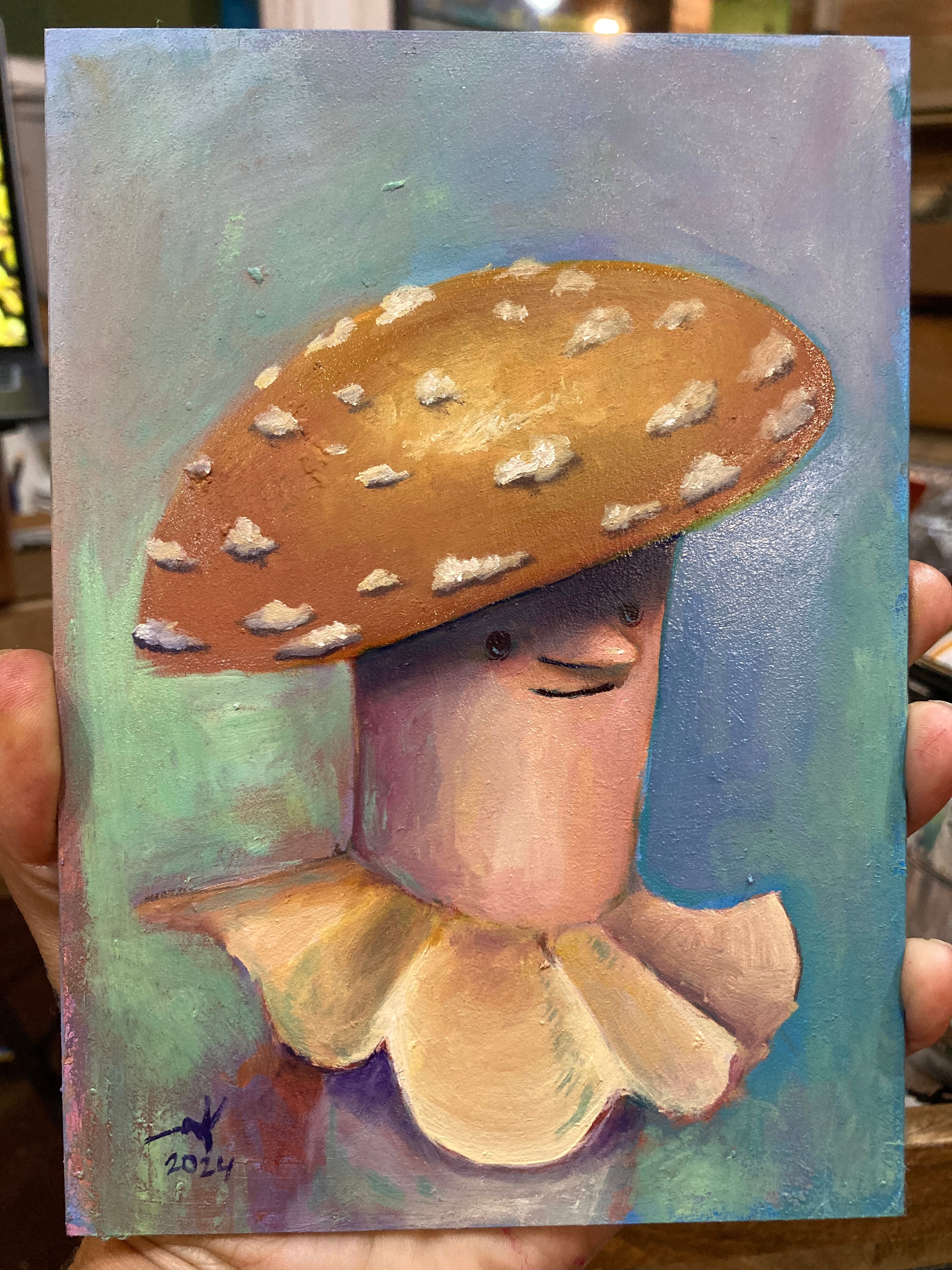 Painting of a character with a large mushroom hat held by a person.