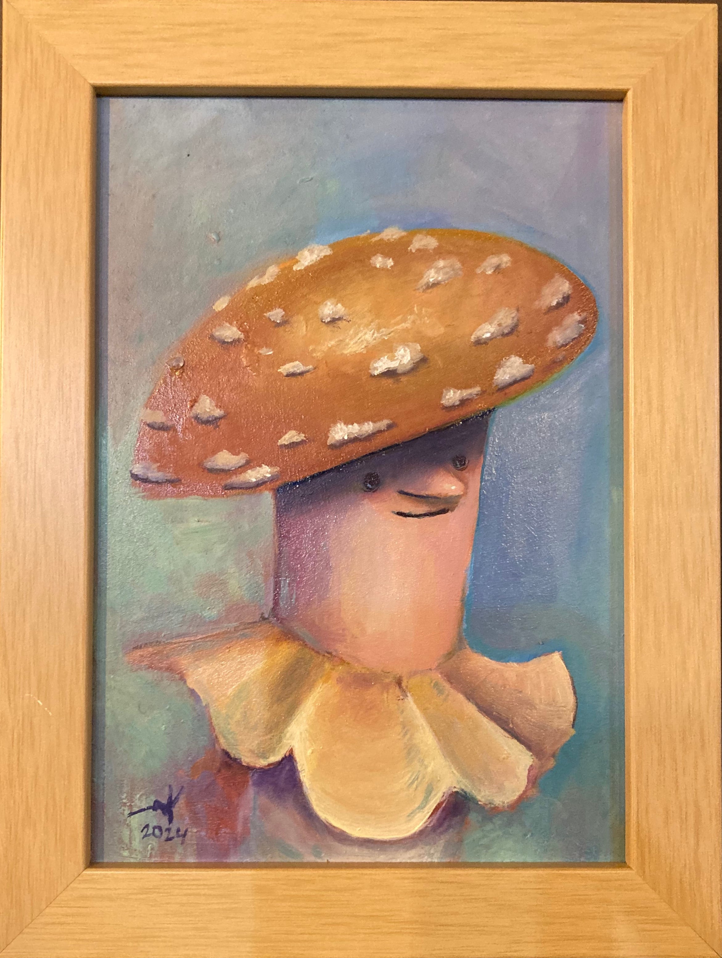 Framed painting of a mushroom on a textured wall